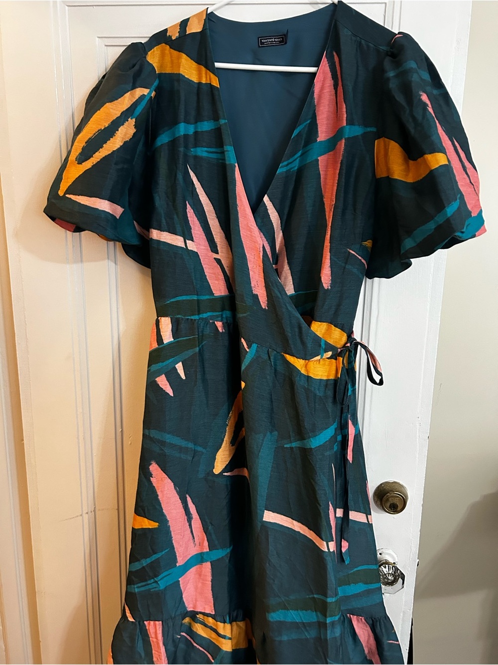 Vineyard Vines Teal Wrap Dress with Pink and Gold Abstract Brushstrokes